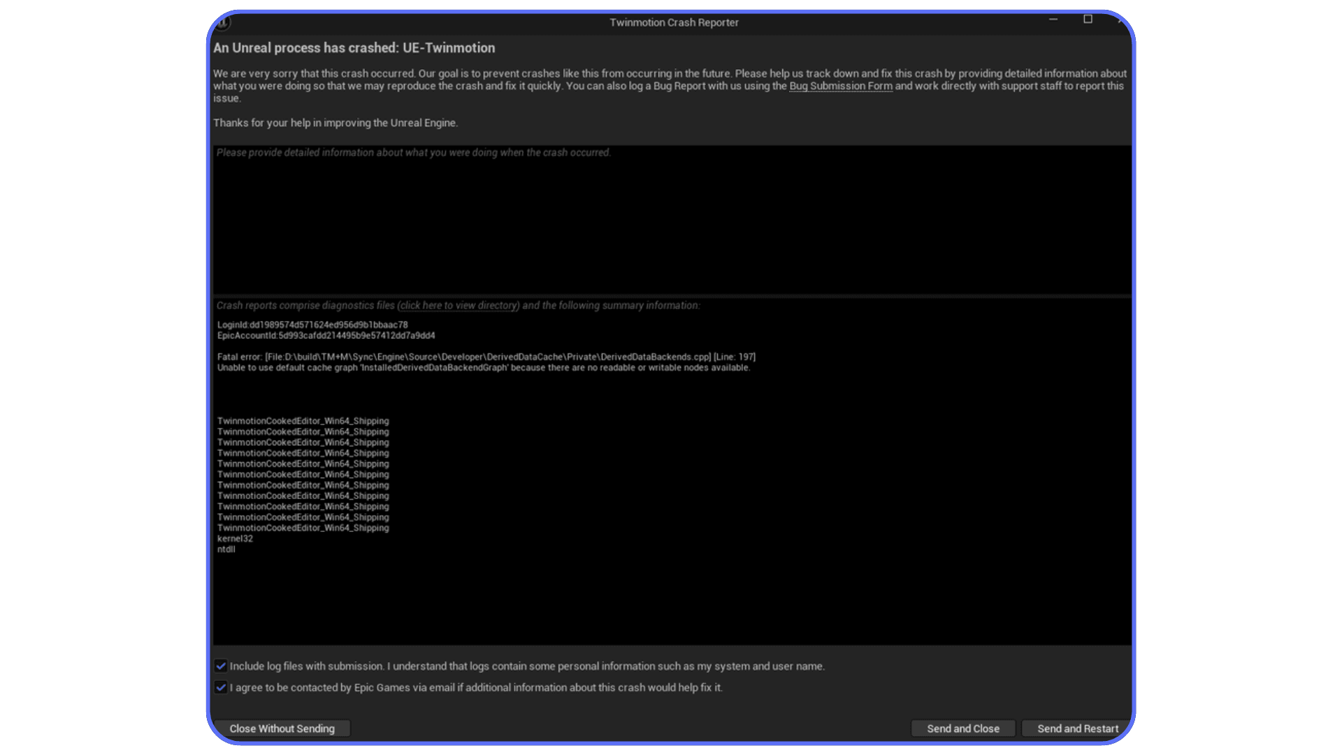 Twinmotion crash reporter window showing an Unreal Engine error after a project crash