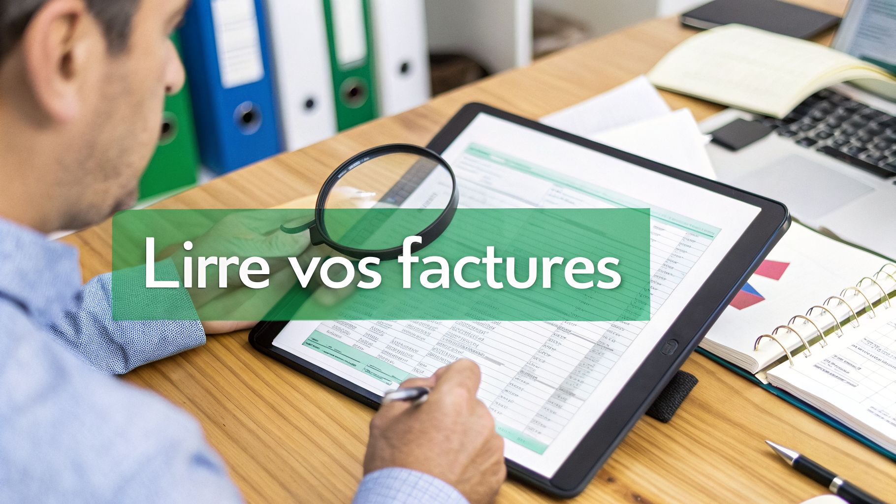Un homme analyse des factures numériques sur une tablette avec une loupe, entouré de dossiers et documents.