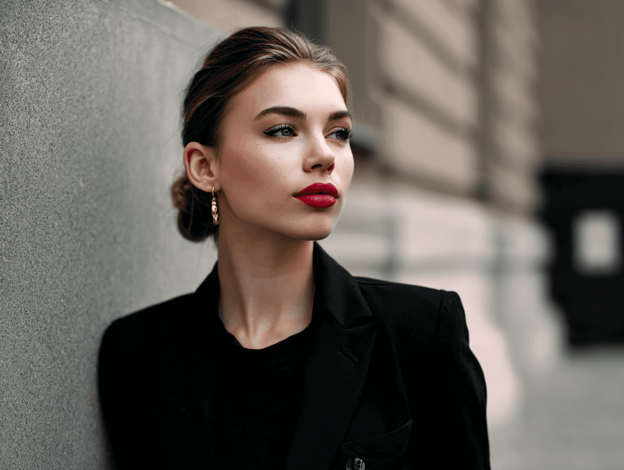 A woman with red lipstick poses confidently, wearing a black outfit against a blurred urban background.