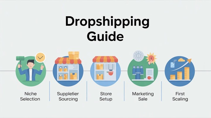 Dropshipping business roadmap infographic showing key milestones from niche selection to scaling