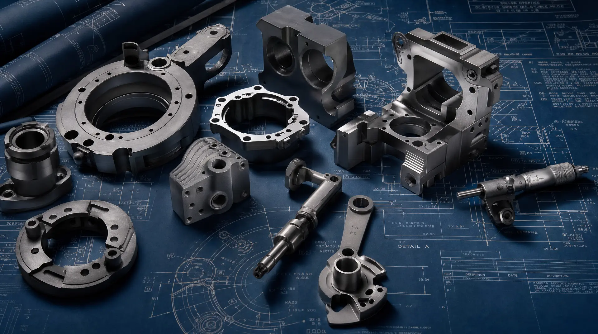 Metal machined components and tools arranged on engineering blueprints, highlighting medtech marketing.
