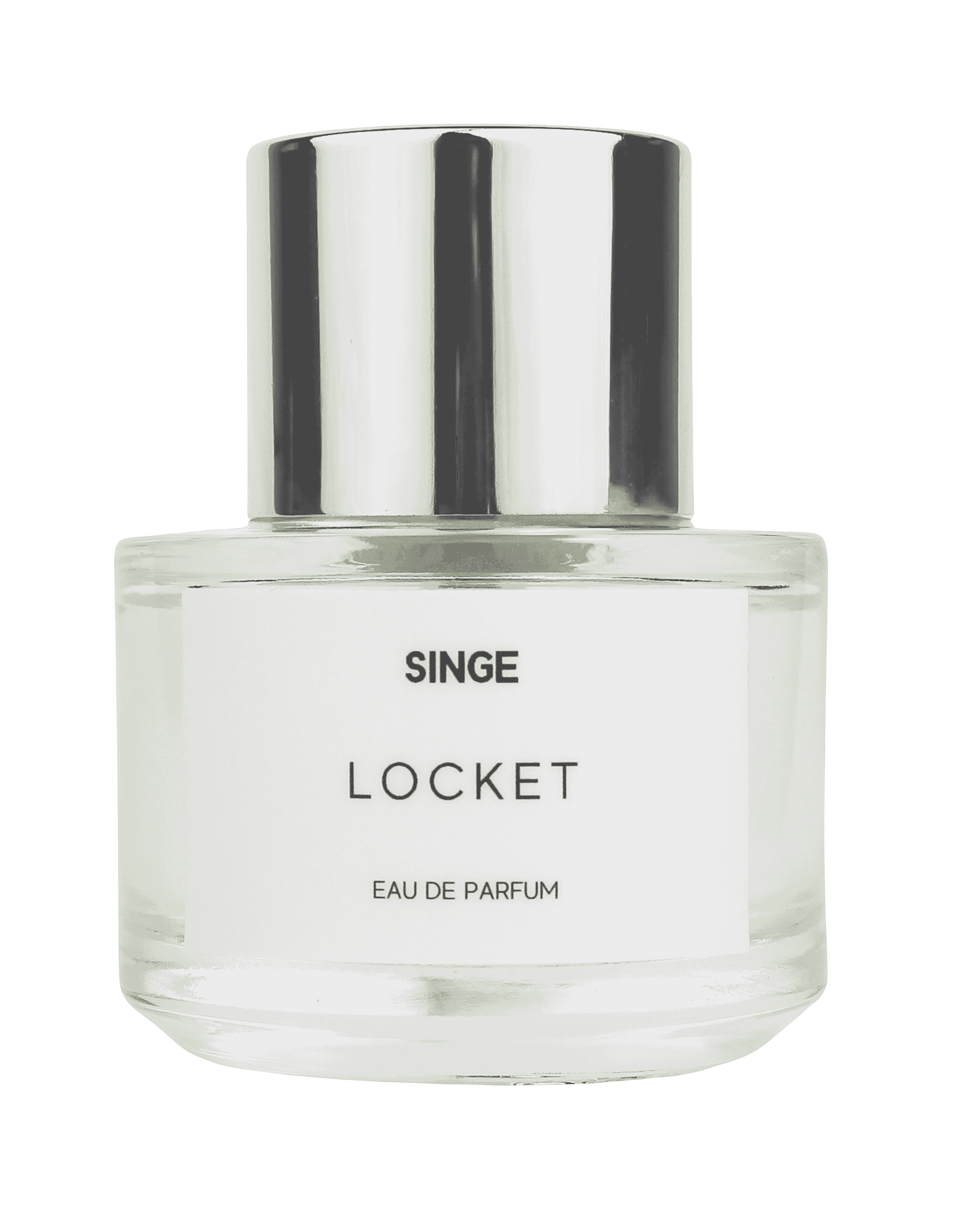 SINGE Locket Eau de Parfum in a clear glass bottle with a reflective silver cap.