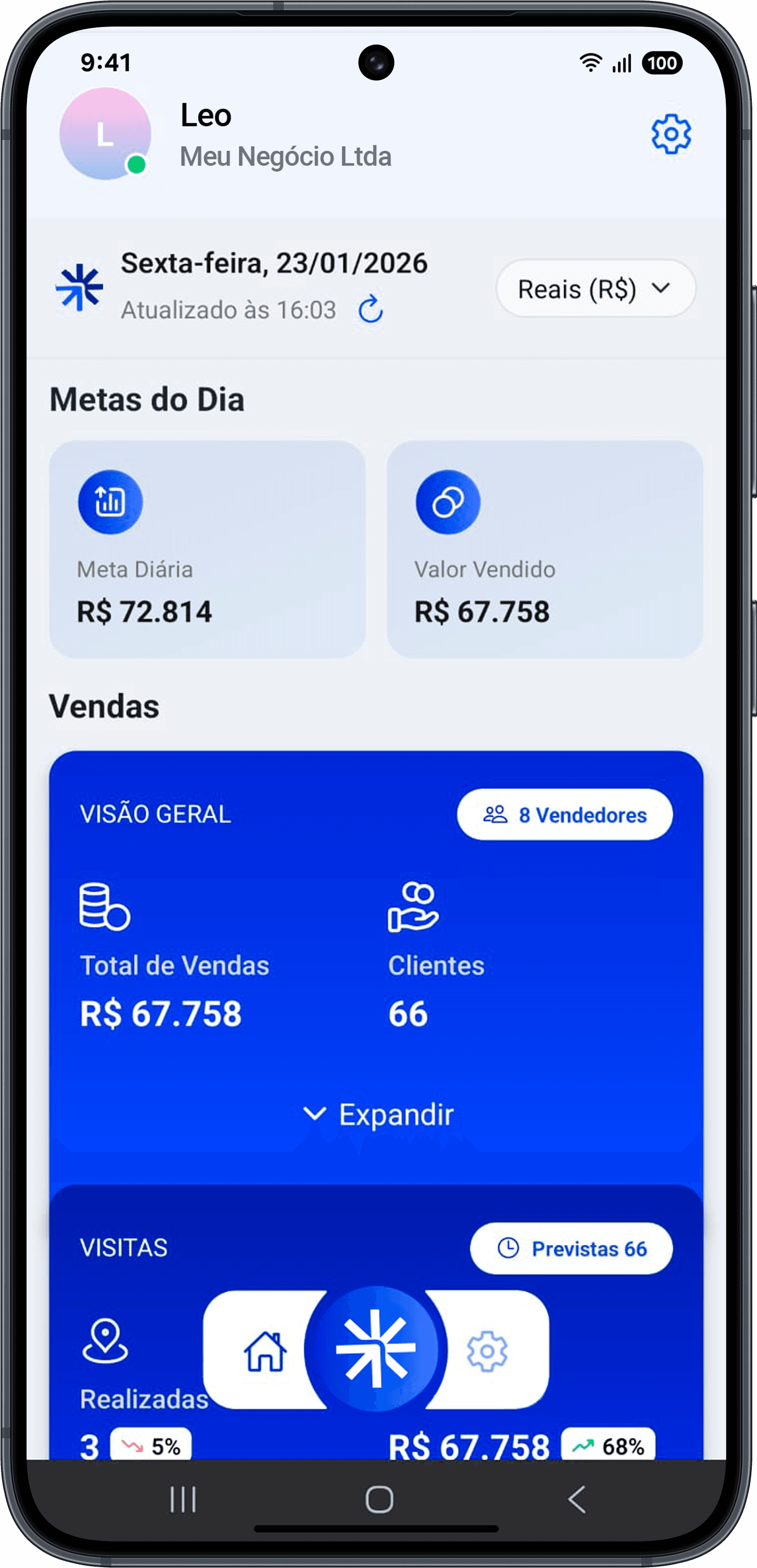 Imagem do aplicativo Flexx Lead com janelas amplificadas exemplificando os features principais