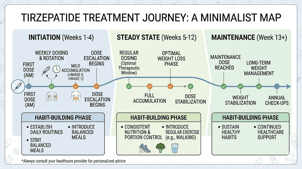 Tirzepatide treatment timeline showing progression from starting dose through maintenance phase