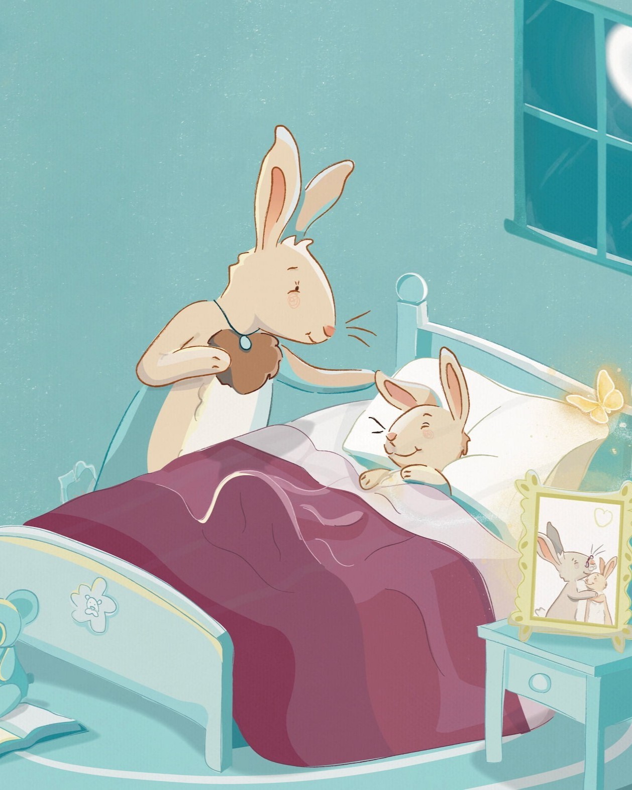 Two rabbit parents saying goodnight to their child in a cozy bedroom, and a framed portrait in the background.