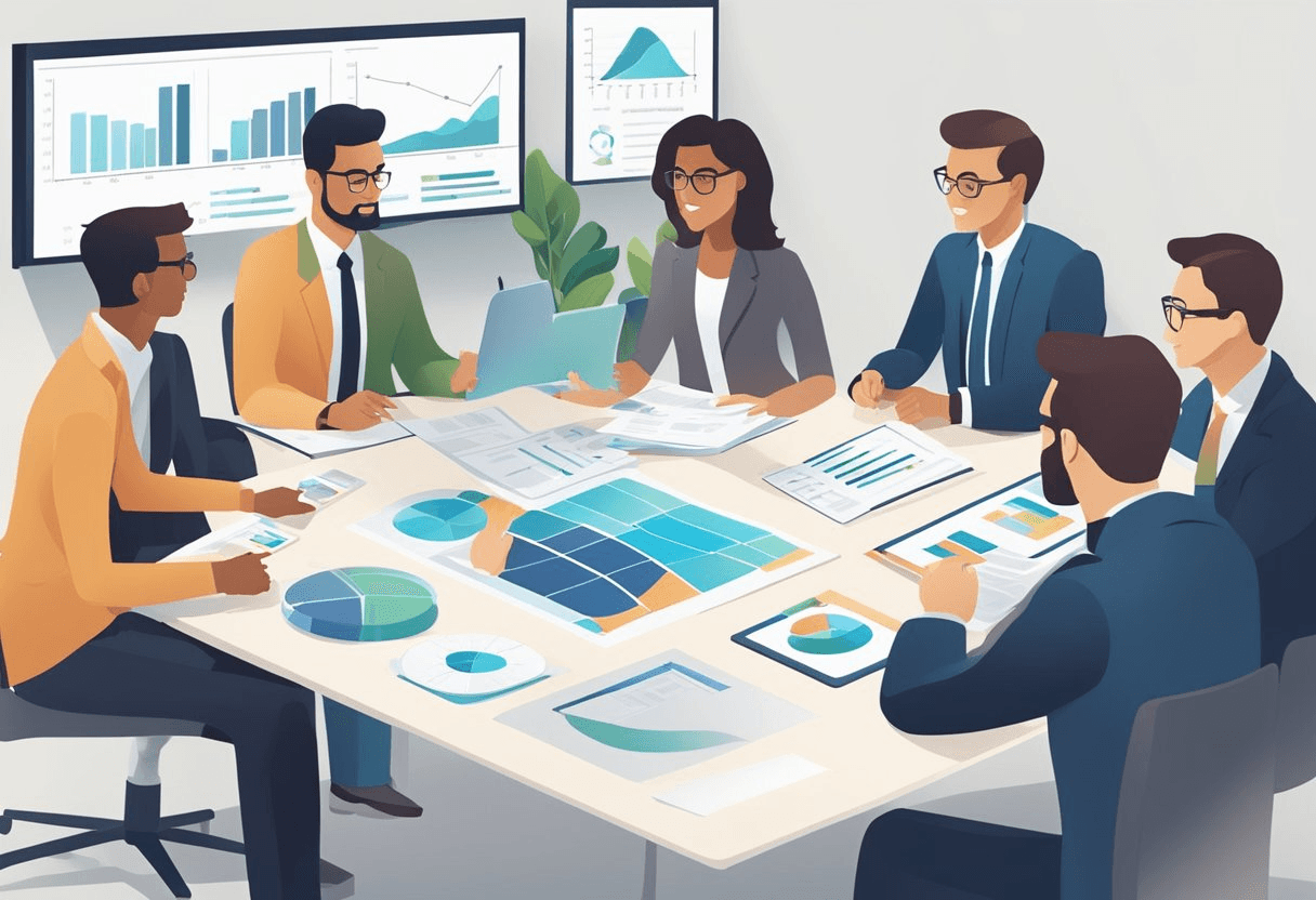 A group of mid-level managers engaging in a collaborative discussion, with a strategic HR blueprint displayed on a large screen in the background