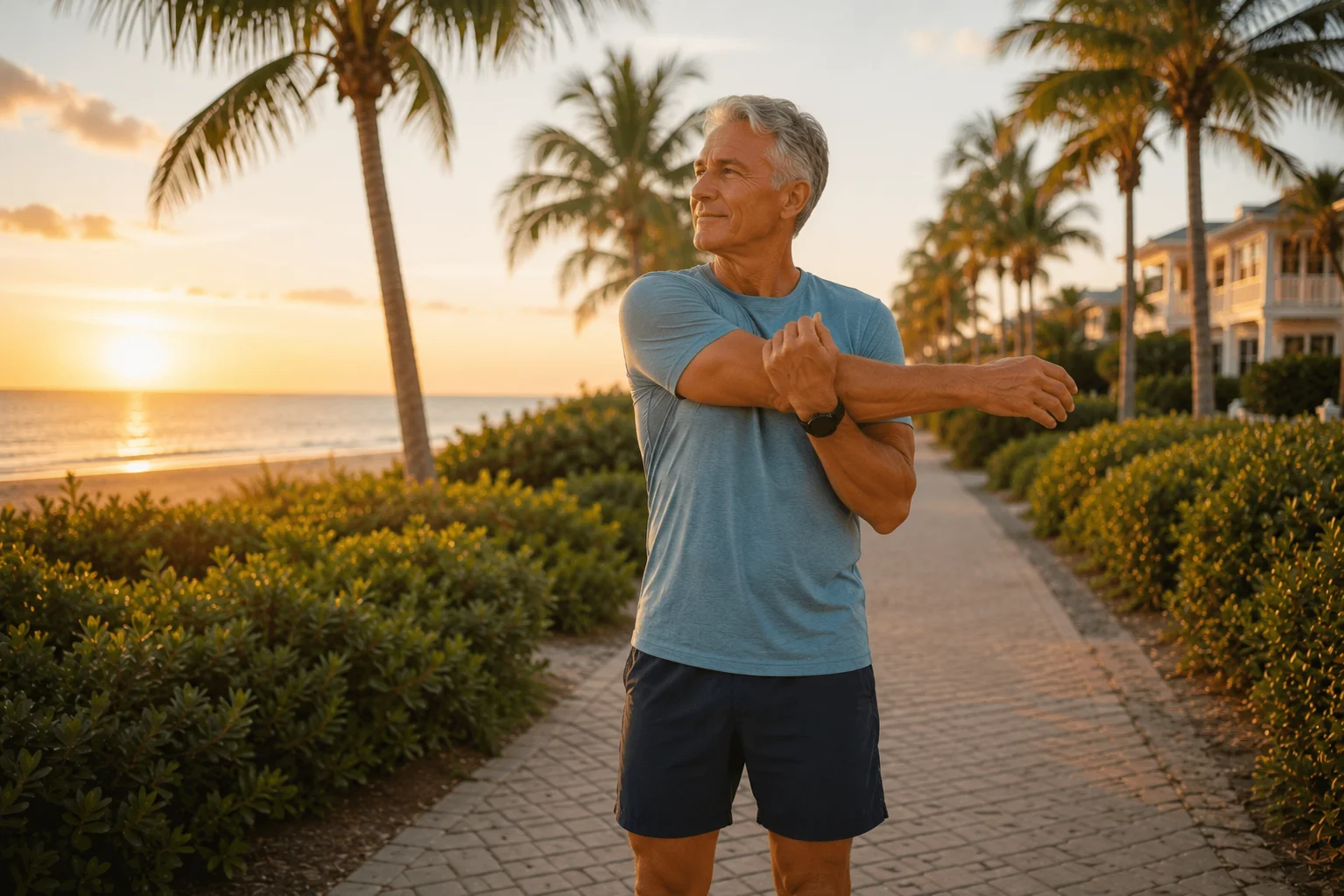 Florida Orthopedic & Spine Institute patient resource, older adult stretching outdoors in Naples, Florida