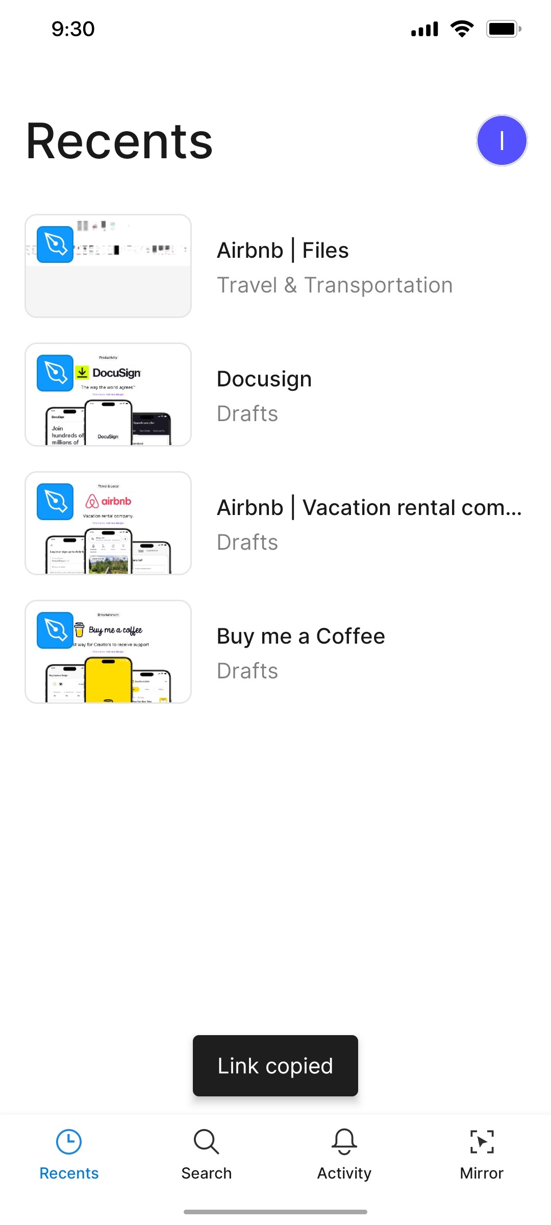 Figma Link Copied screen