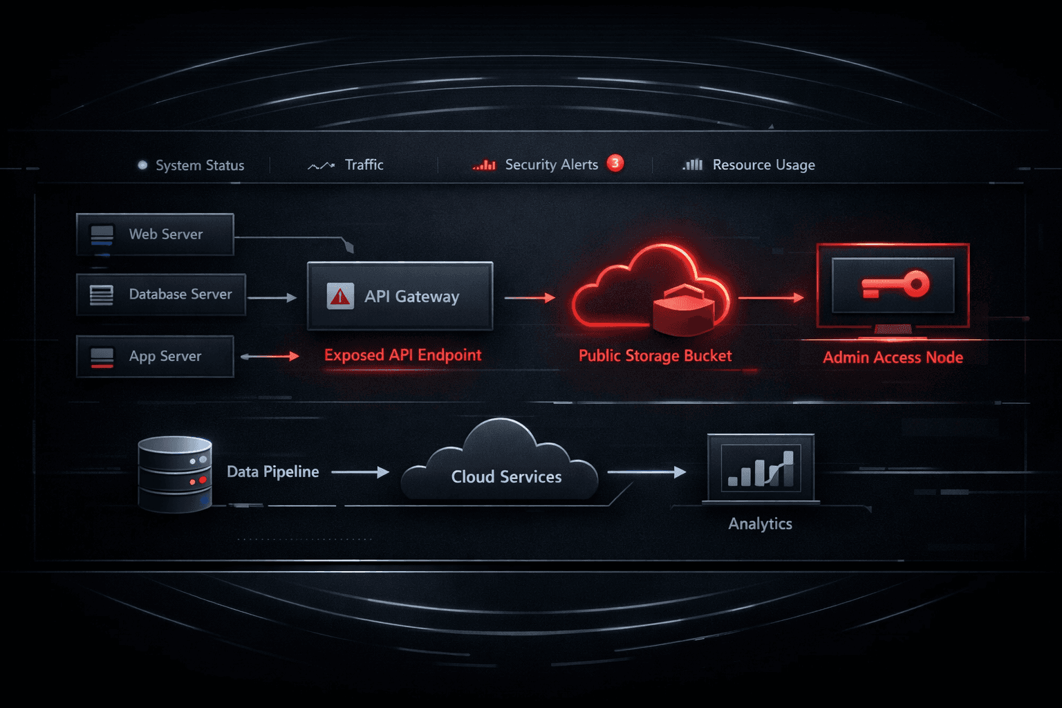 Diagram cloudové infrastruktury s bezpečnostními riziky — exponovaný API endpoint, veřejný storage bucket a nezabezpečený admin přístup
