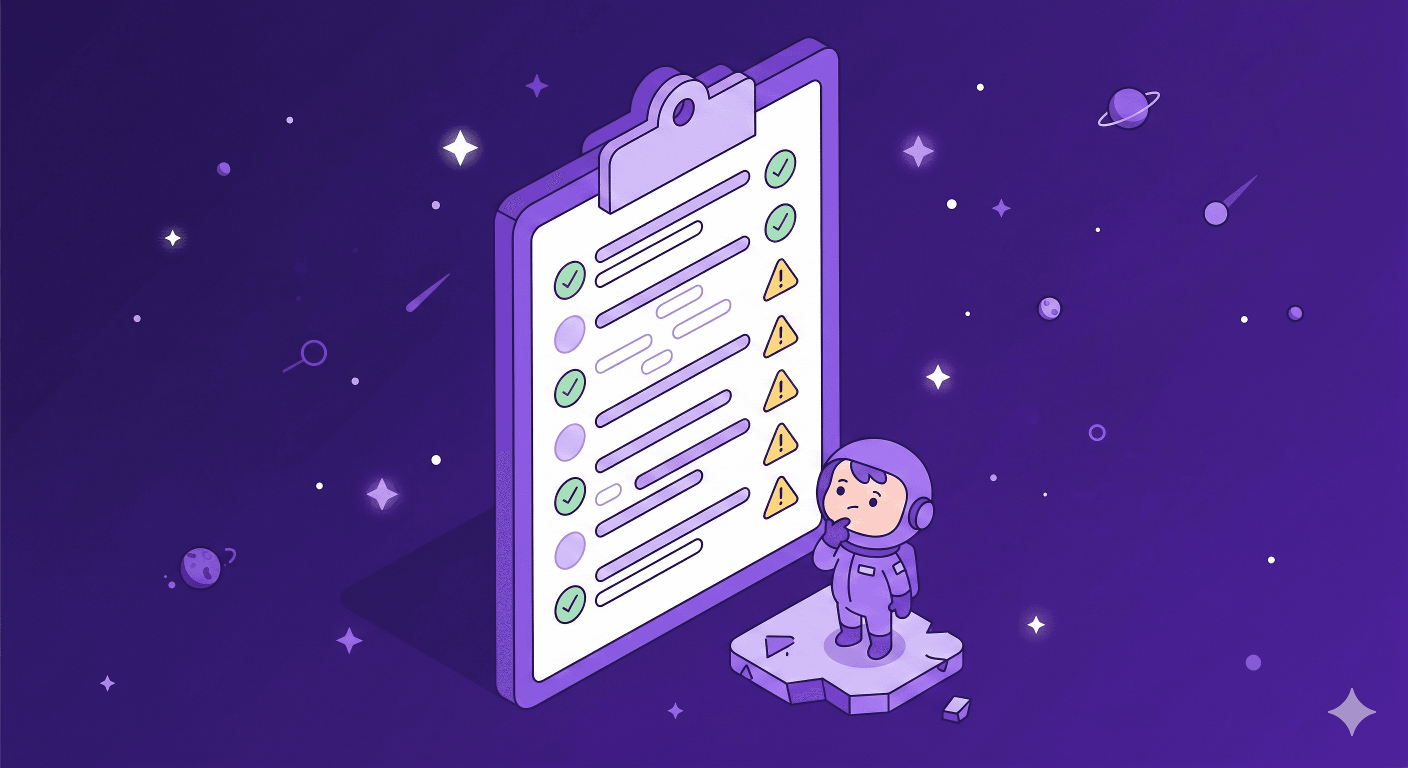 A clean purple isometric illustration of a large clipboard in space. The checklist consists of skeleton placeholder lines instead of text, with green checkmarks and yellow warning triangles. A small character stands on a floating rock at the base, looking up at the list in a contemplative pose.