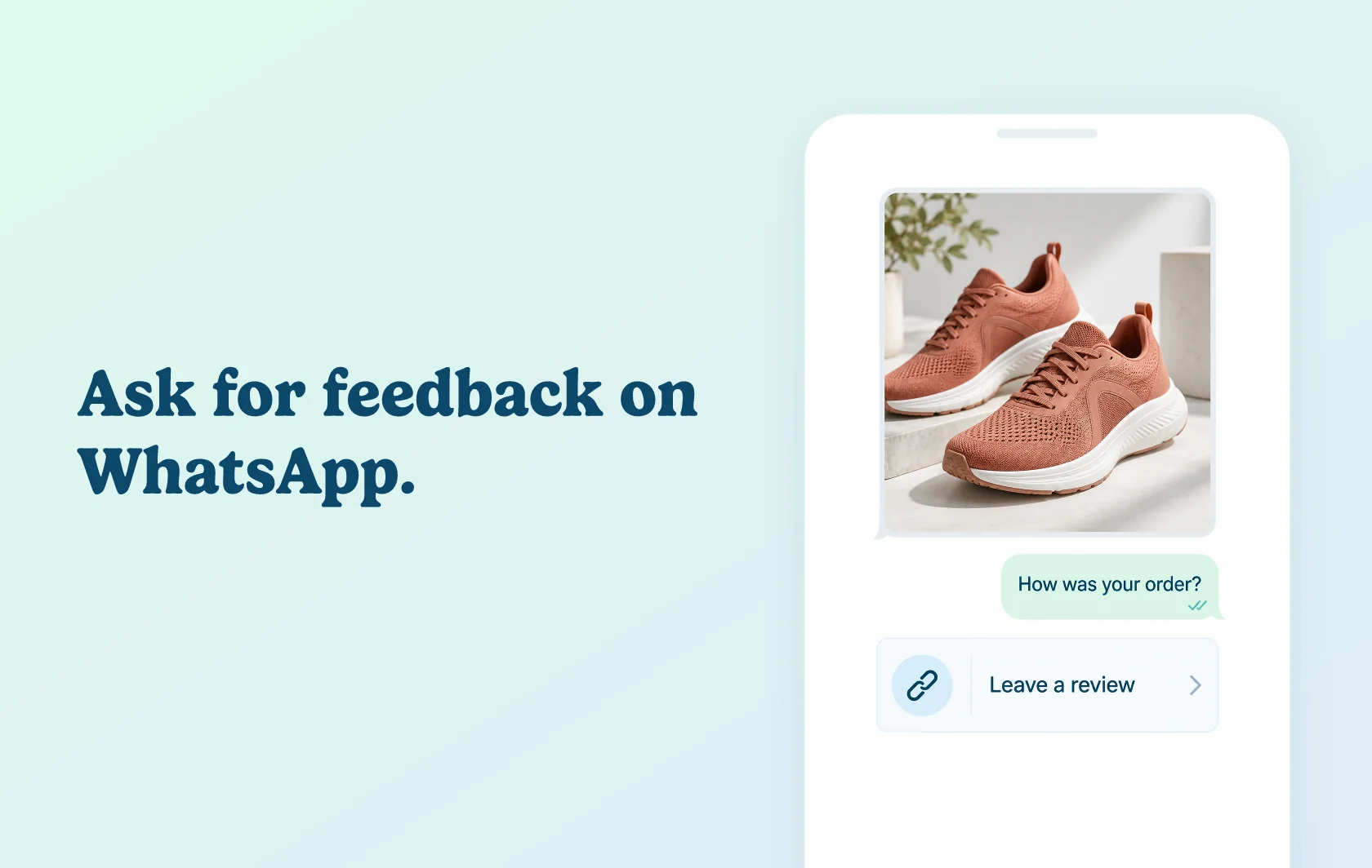 Judge.me and Dondy integration: illustration of a WhatsApp follow-up with a link to leave feedback about a shoe order.