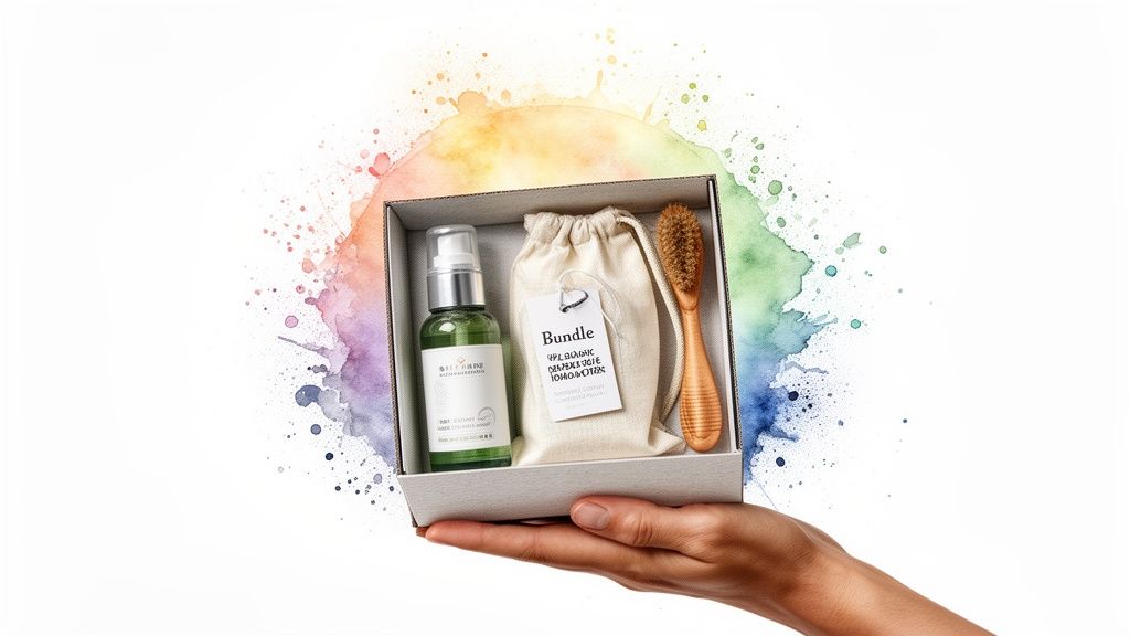 A hand holds a gift box containing a green product bottle, a fabric pouch, and a wooden brush, against a vibrant watercolor background.