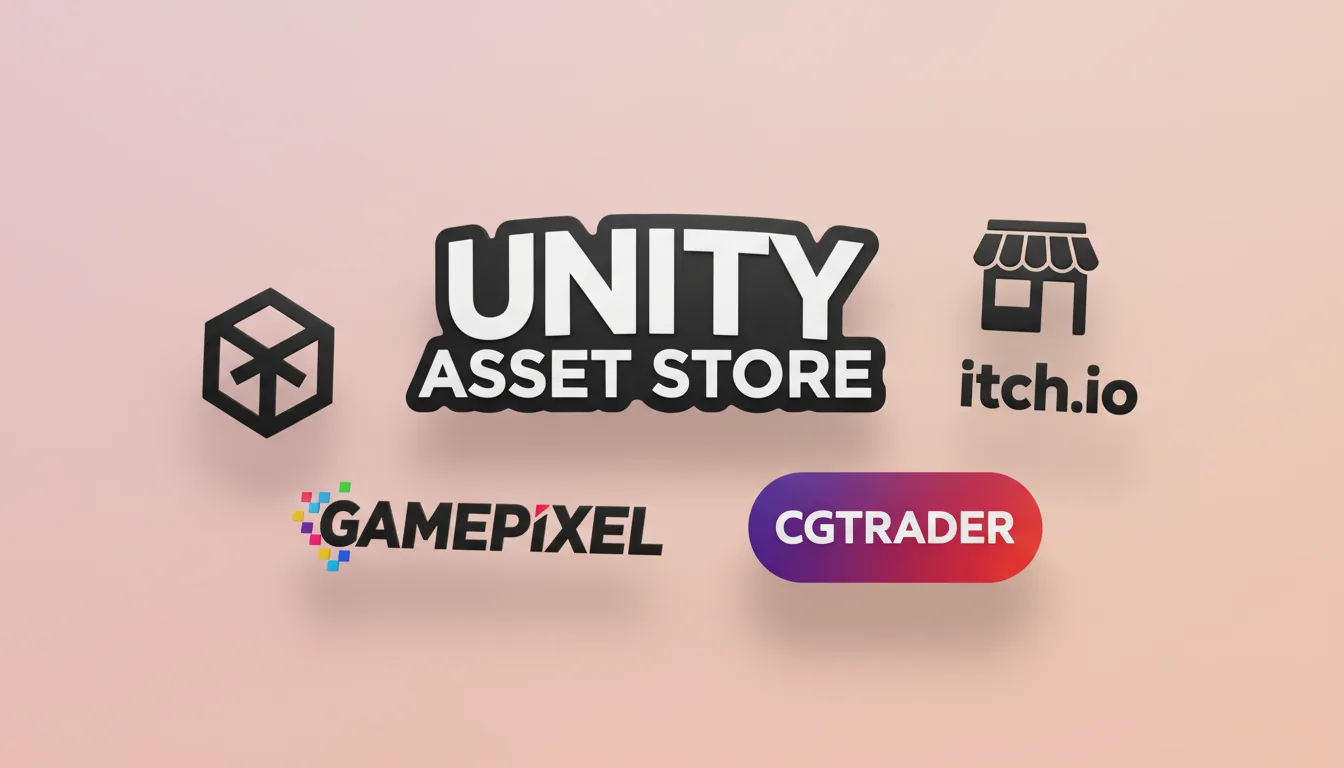 A graphic design collage of game development asset marketplace logos, floating with soft drop shadows on a light pink gradient background. The composition features several stylized logos: a bold, white, arched wordmark with a thick black outline; a black, stylized three-pronged cube icon; a black storefront icon next to lowercase sans-serif text; a tilted black wordmark with small, colorful pixel details; and a white wordmark inside a purple and red gradient oval. Clean vector style, 3D render, soft global illumination.