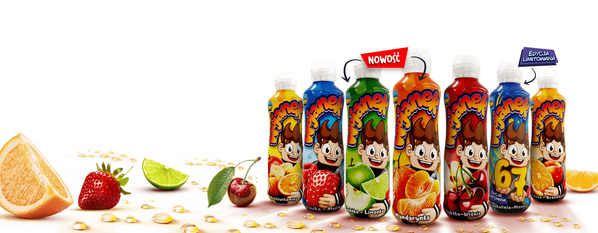 Wojanek – napój owocowy w butelkach, smaki: mandarynka, jabłko-limonka, jabłko-wiśnia, pomarańcza-mango, multiwitamina, truskawka-malina, pomarańcza-brzoskwinia