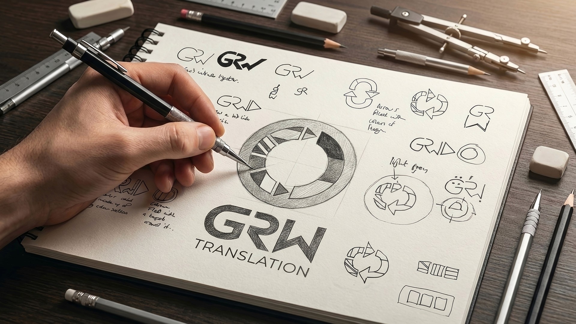 GRW Translation logo design concept sketches and development process by Huw Mathias brand identity designer