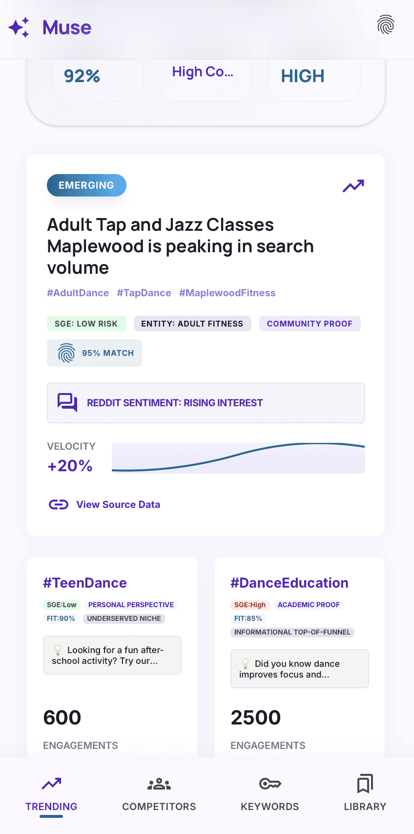 Trending Page. Based on the brand user input, the app would provide key emergeing trends, hashtags, and search volums of different keywords