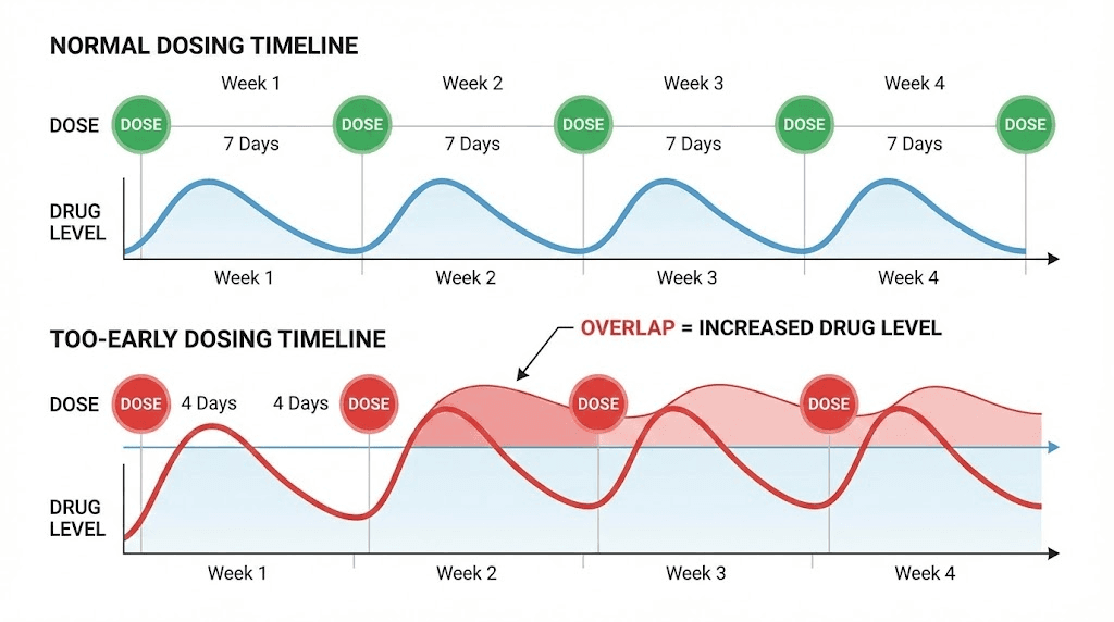 Comparison of proper tirzepatide dose timing versus injecting too early showing drug accumulation