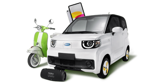 green scooter, white car, ipad, shower, JBL