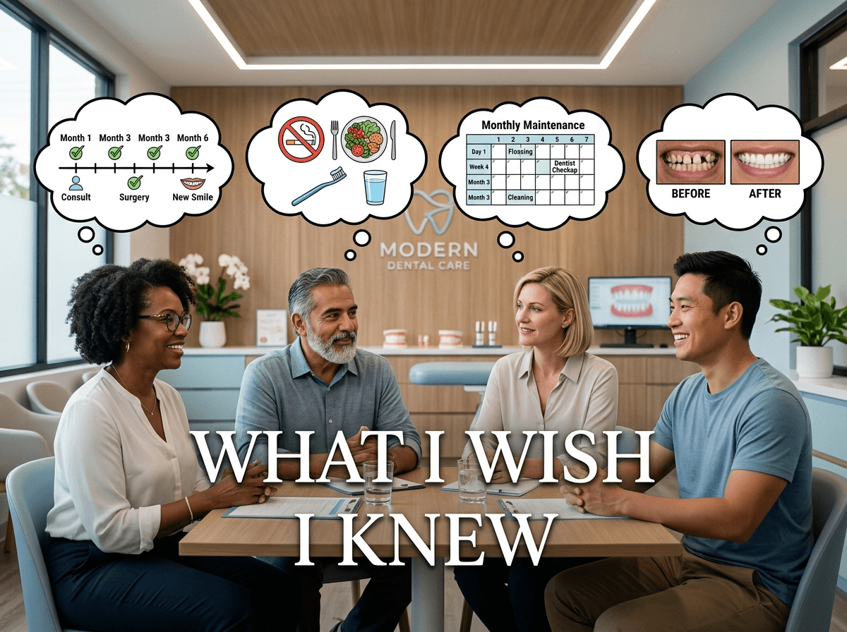 Group of satisfied dental implant patients reflecting on pre-treatment insights and lessons learned about getting implants