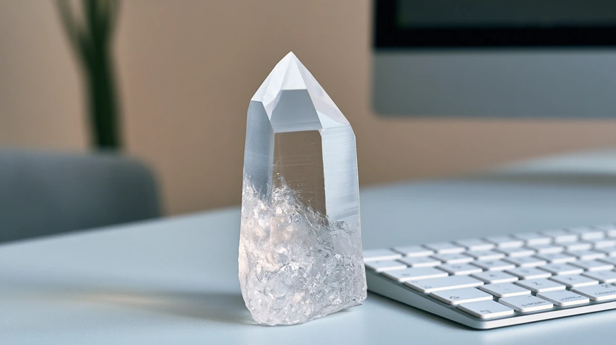 Clear Quartz crystal point on desk during work session