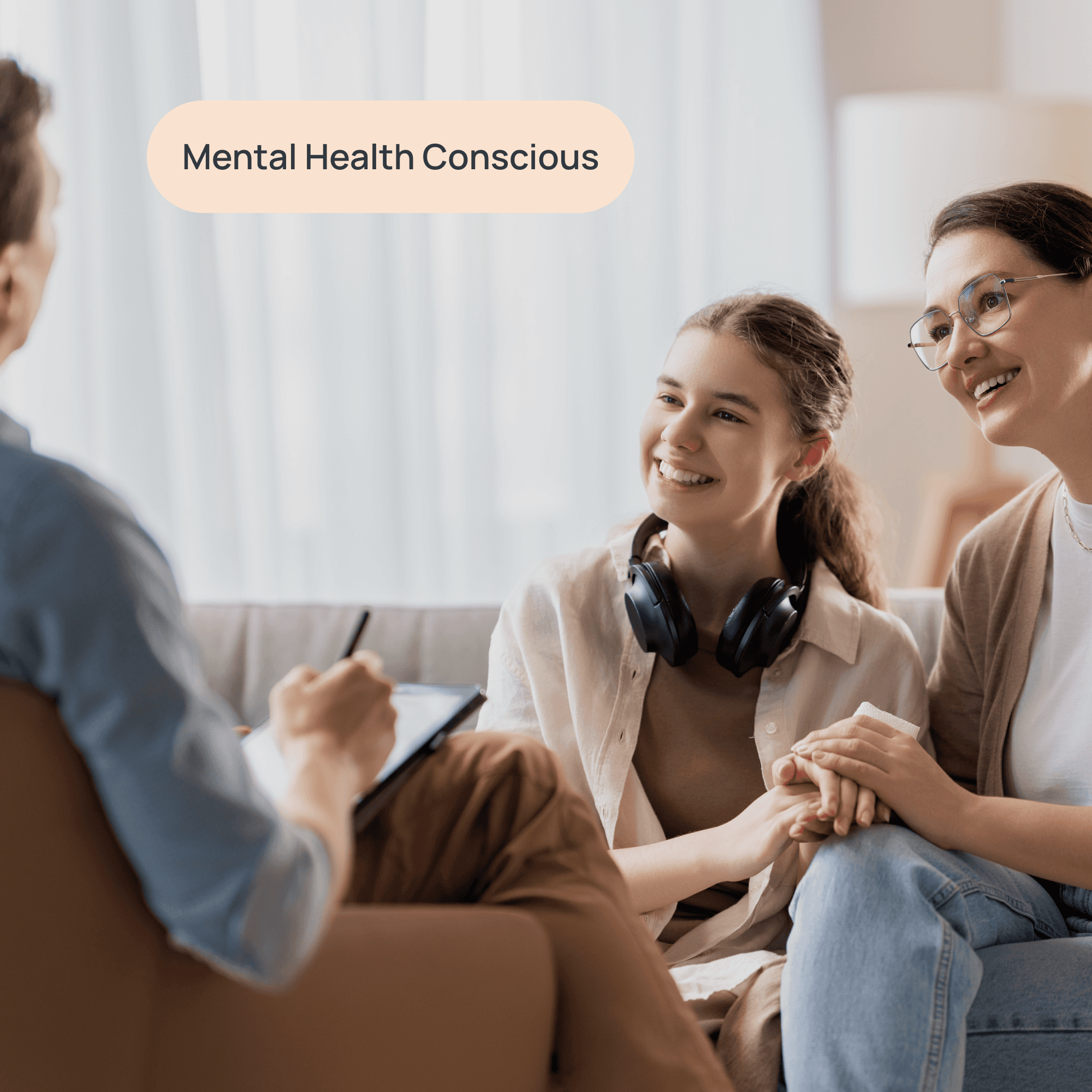 teenage girl and mom meeting with therapist with label "mental health conscious"