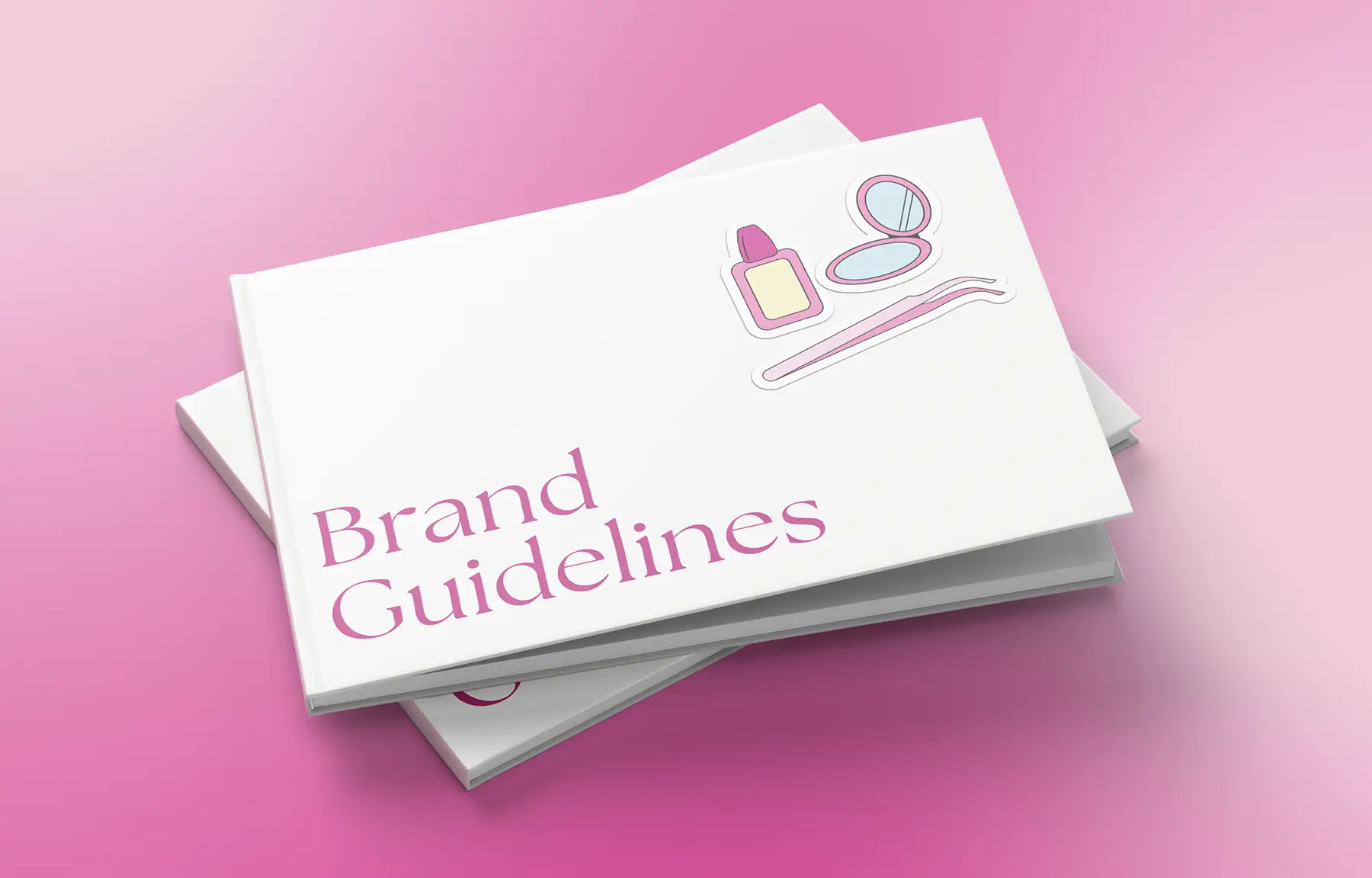 Stack of Brand Guidelines booklets on a pink gradient with a compact mirror sticker