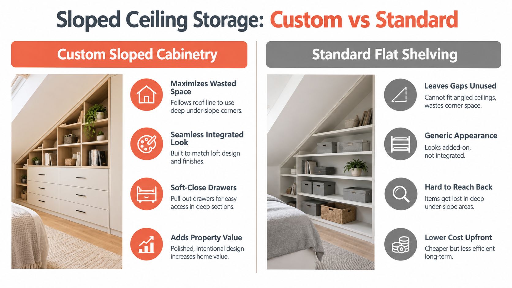 A comparison infographic showing custom sloped cabinetry versus standard flat shelving for attic loft storage solutions.