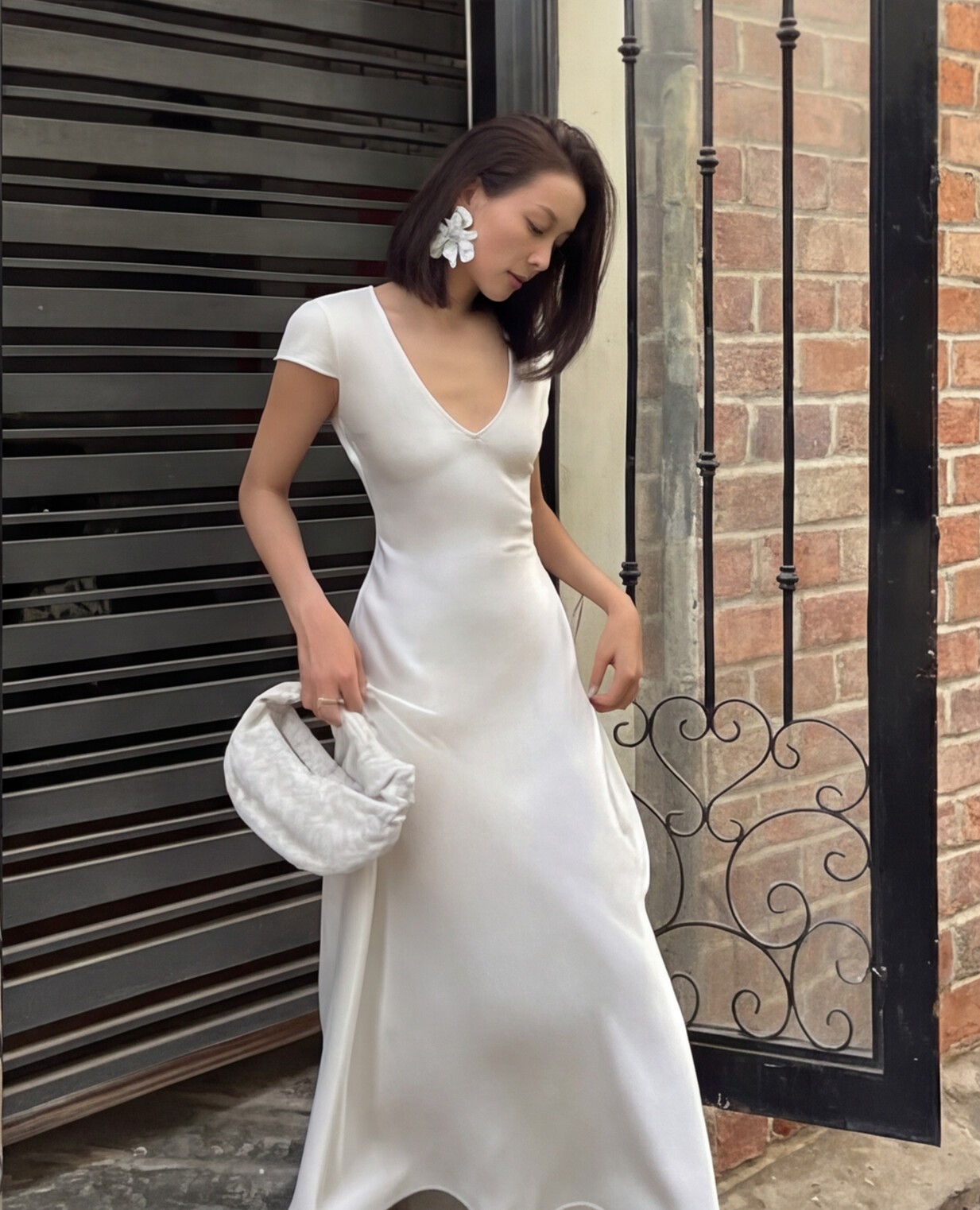 White Wrap Blouse with Beige Tailored Trousers