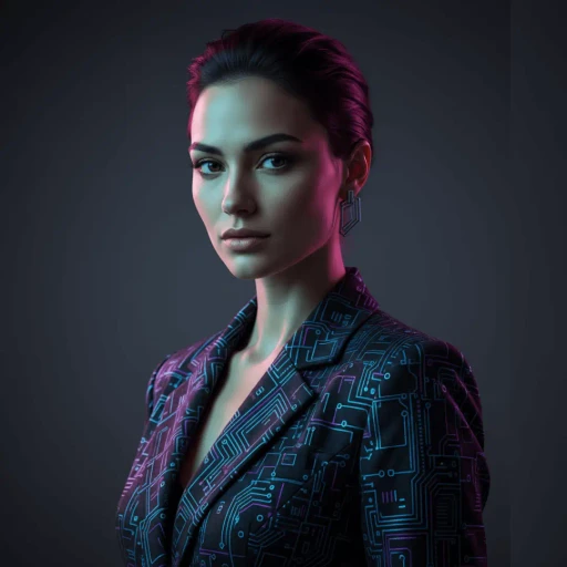 AI image prompt example showing cyberpunk character portrait with neon  lighting, circuit board patterns, futuristic tech aesthetic, demonstrating  high-quality AI image generation capabilities from Mahendra's AI image  prompt generator tool for creative professionals