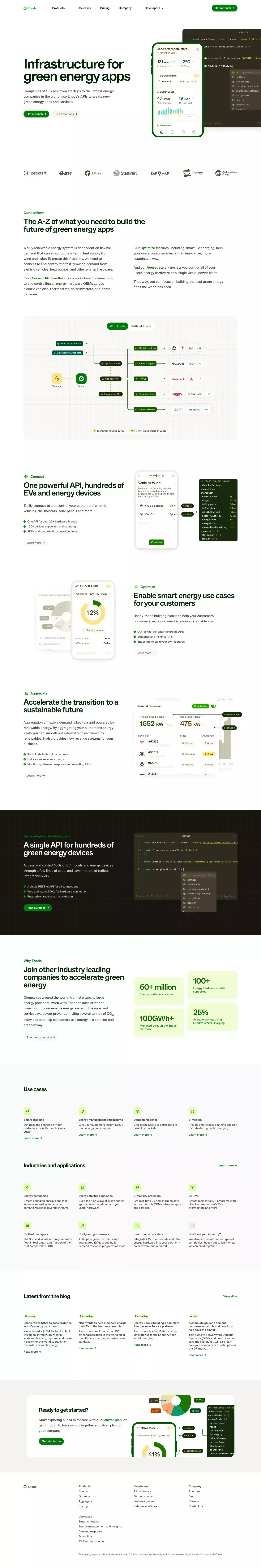 Enode: Energy APIs for EVs, Thermostats landing page screenshot showcasing Tech design