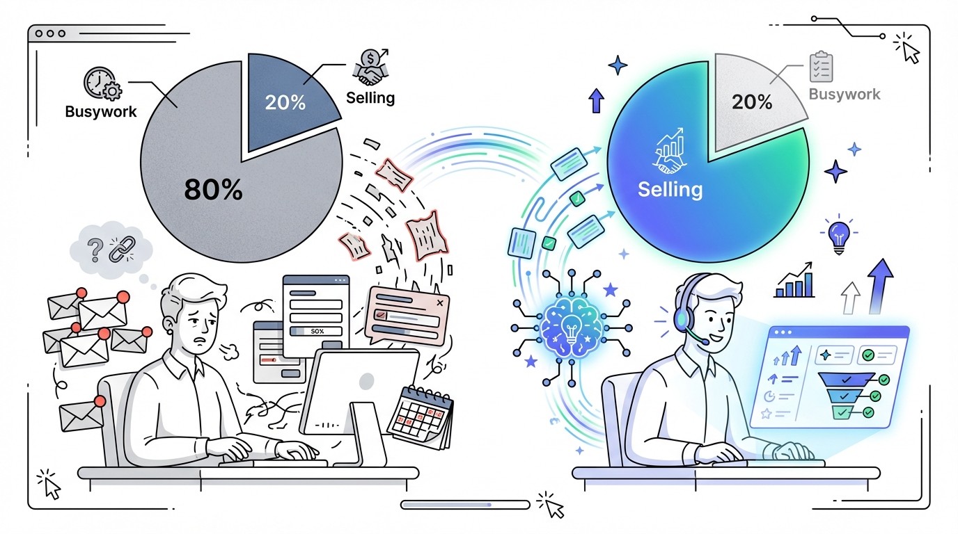 An infographic depicting an SDR's time allocation. On the left, a frustrated SDR is surrounded by symbols of busywork, with a pie chart showing a large portion of time spent on non-selling tasks. On the right, the same SDR is focused and productive, with a pie chart showing a significantly larger portion of time spent on selling tasks, aided by a glowing AI symbol bridging the two sides.