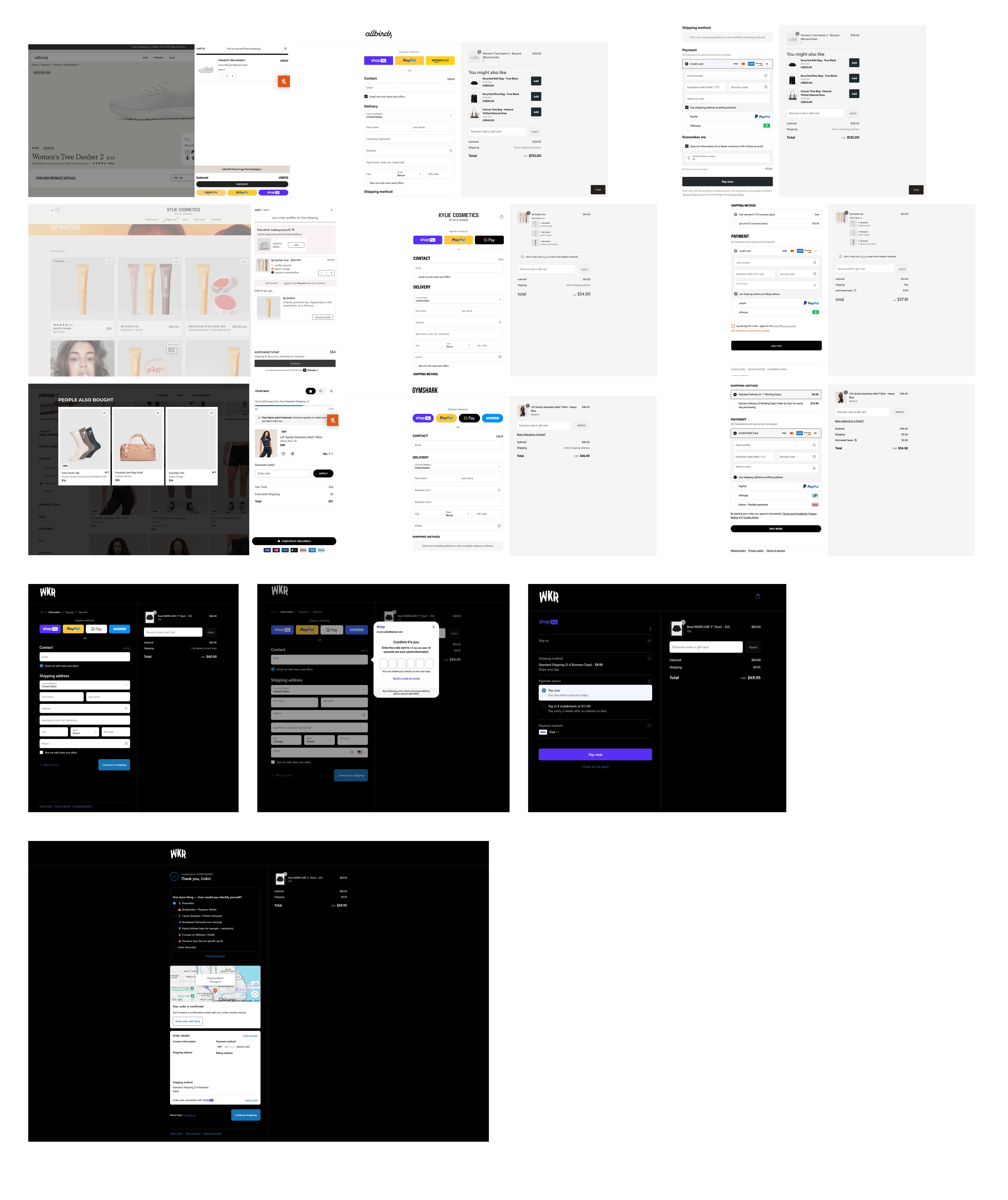 Competitive research reference showing e-commerce checkout flows from consumer brands including Allbirds, Gymshark, and others, used to inform best practices for the Nugent Filters purchase experience