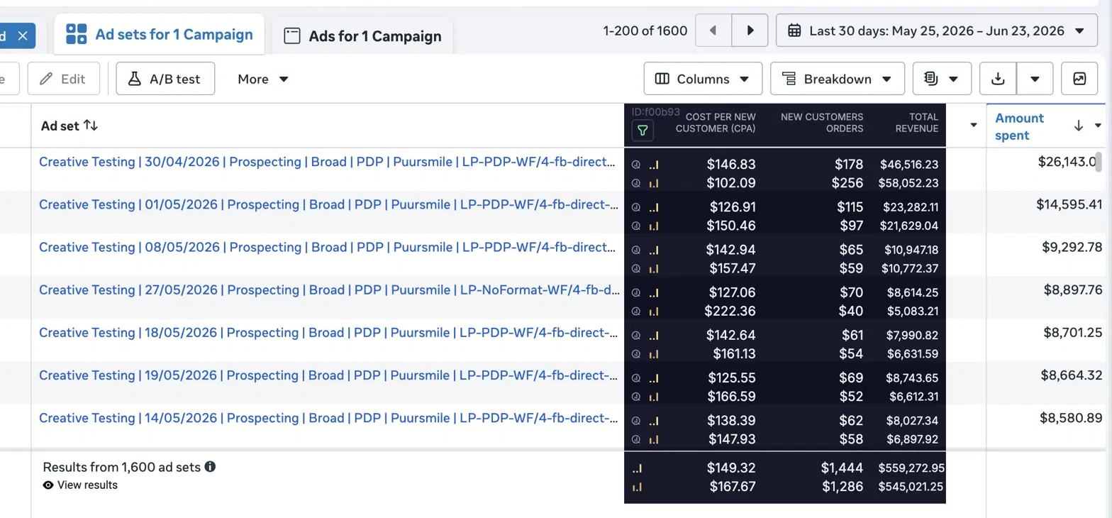 Meta ad campaign performance dashboard showing spend, ROAS and revenue metrics