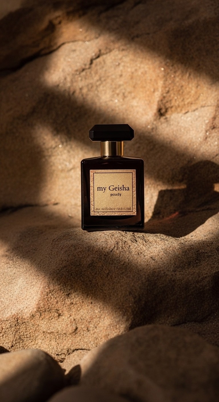 AI brand imagery for a dark glass perfume bottle set in natural sand with dramatic sunlight and shadow play