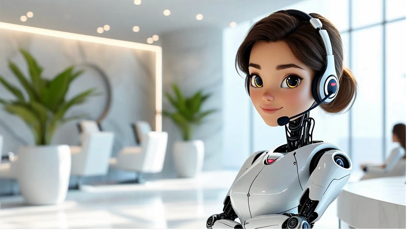 ai receptionist as beautiful professional brunette woman friendly cute bot cartoon with headset to the right of image in white spa lobby