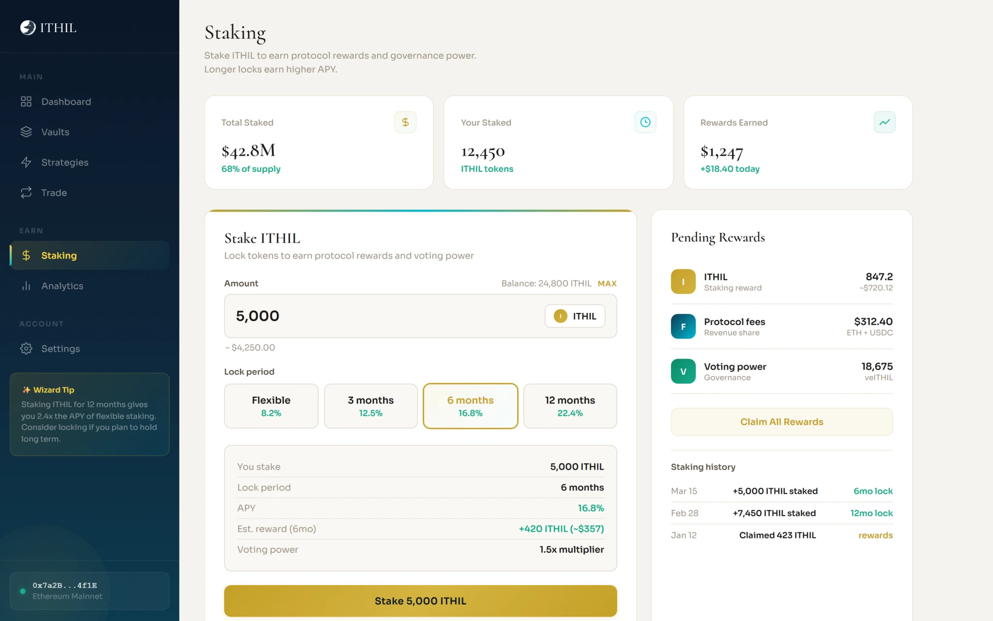 ITHIL staking screen with lock periods, pending rewards and staking history