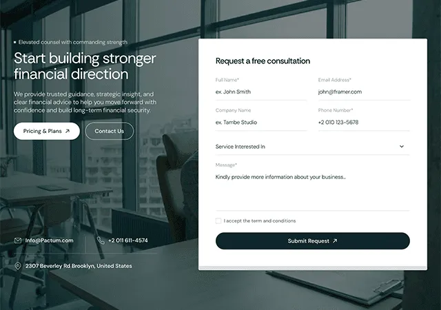 Financial consultation form with fields for name, email, company, phone, service interest, and message, plus contact details for a Brooklyn-based financial firm.