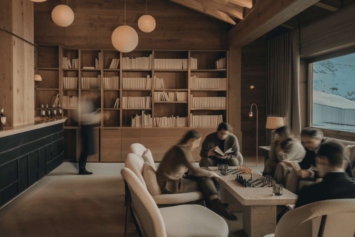 Warmly lit library lounge with bookshelves and guests relaxing