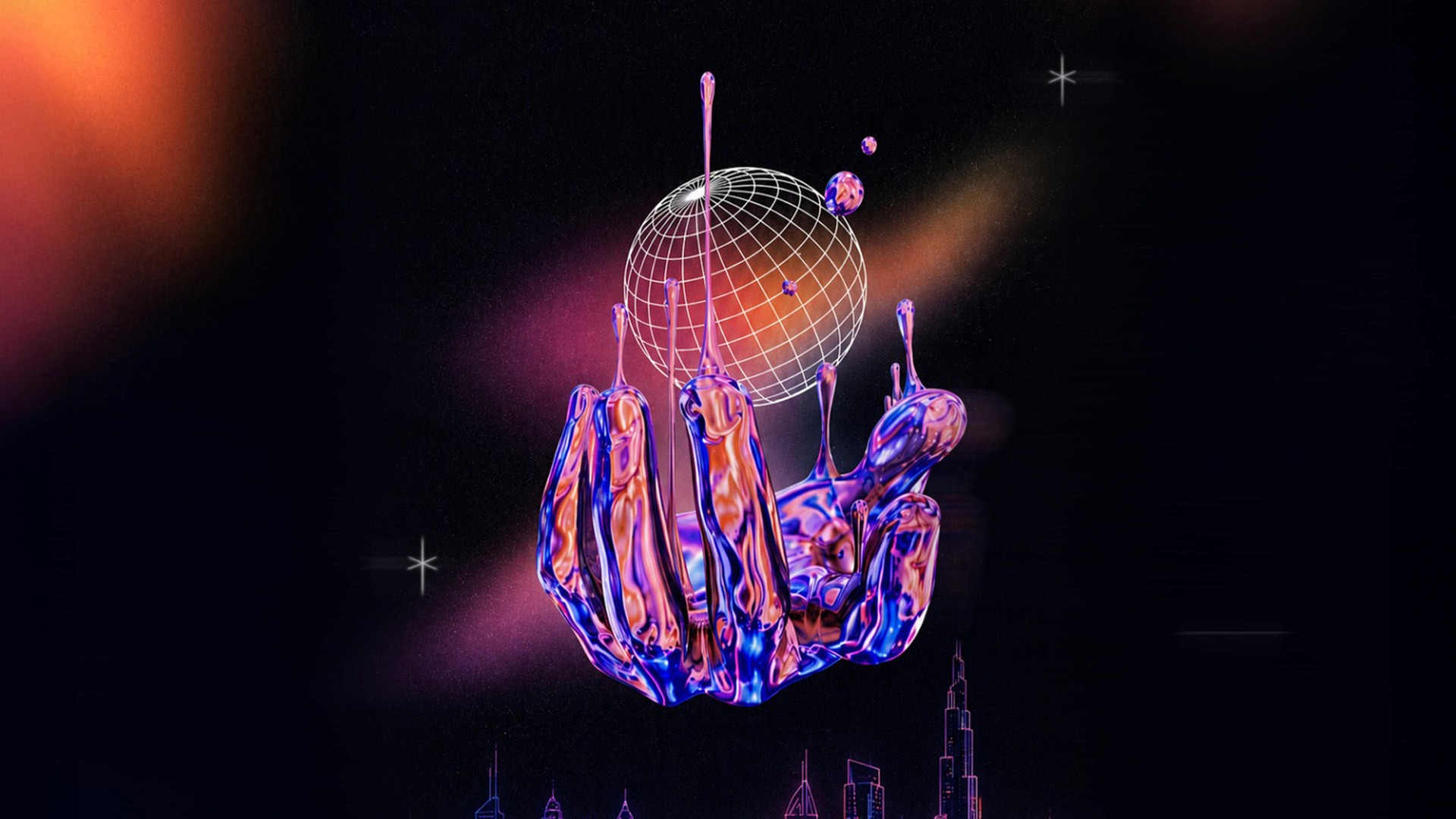 Chrome hand holding a wireframe disco globe for house music Sundays at The Penthouse Dubai