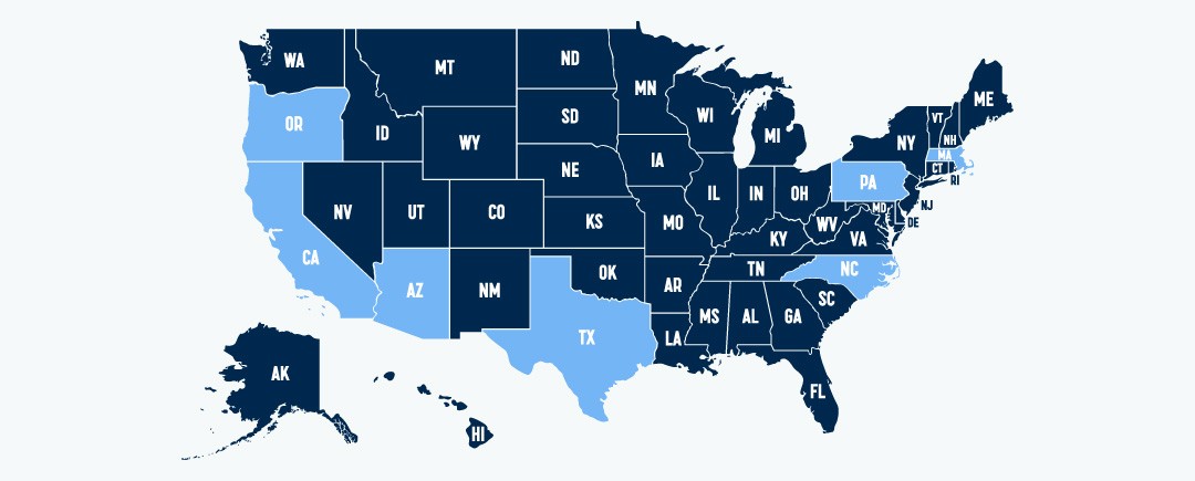 Map of the united states with certain states highlighted to illustrate difference between states on value based care perspectives