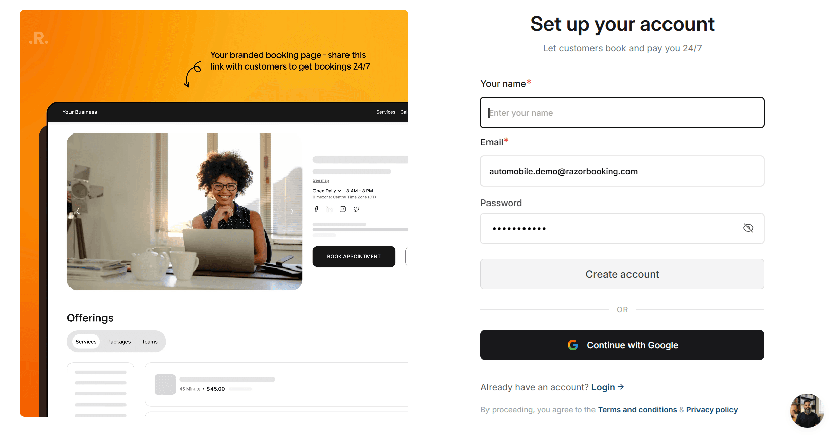 Set up your account form with name, email and password fields and a Create account button