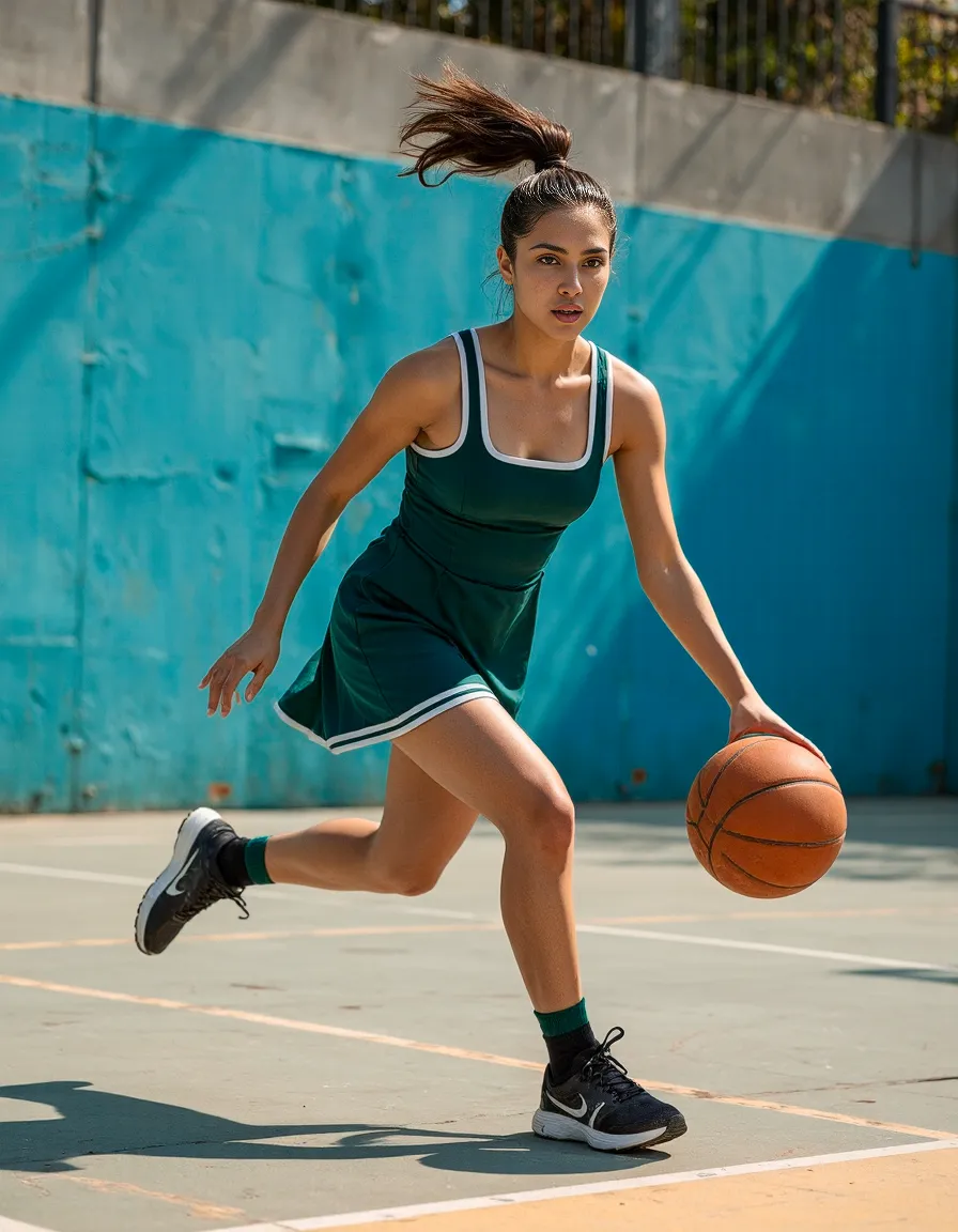 Dynamic basketball action shot featuring green athleisure uniform against turquoise wall, showcasing movement and sports fashion