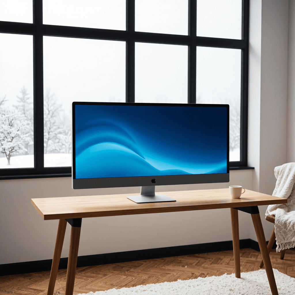 product photography of a desktop computer with an all-in-one design, featuring a large display and integrated speakers