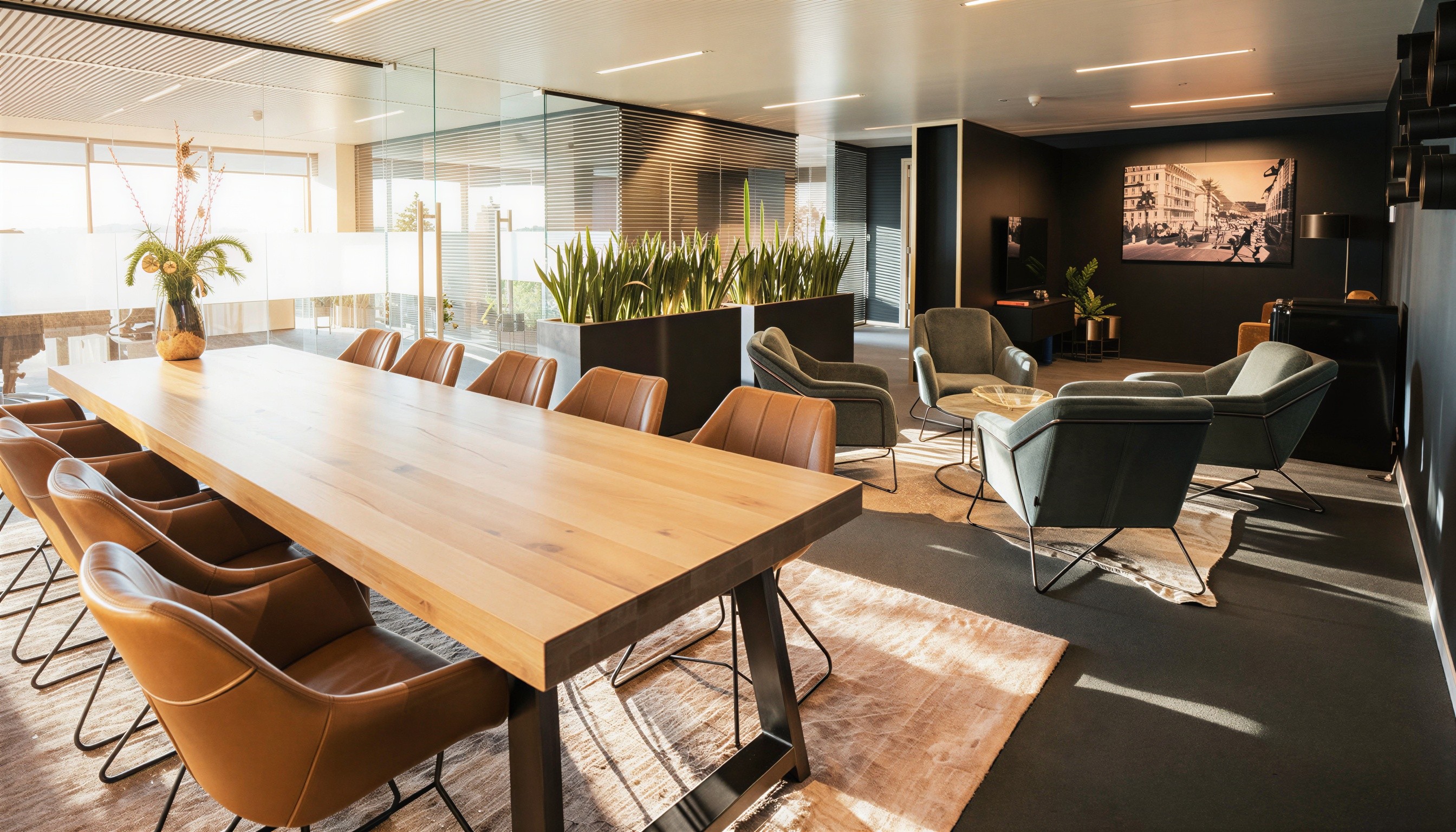 B2B boardroom vloeiend overgaand in een lounge-zone, uitgerust met custom eiken vergadertafel en akoestische scheidingsbakken met beplanting.