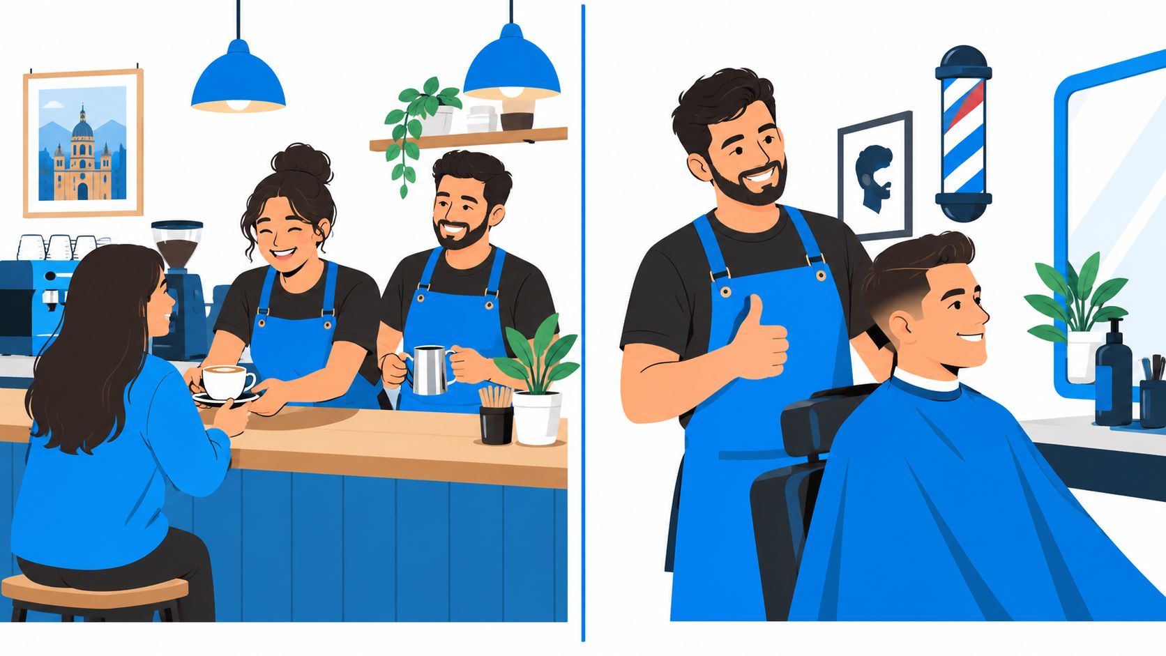 Una ilustración dividida muestra a baristas atendiendo a una clienta y a un barbero cortando el pelo.