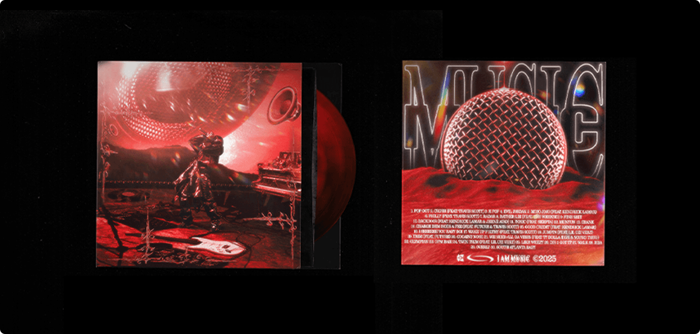 Playboi Carti’s I AM MUSIC concept album cover blends surreal, neon-red demonic imagery with bold typography and a chaotic, handwritten tracklist. The abstract art, graffiti-inspired accents, and monochrome backdrop mirror the album’s fusion of experimental hip-hop and avant-garde visual style.