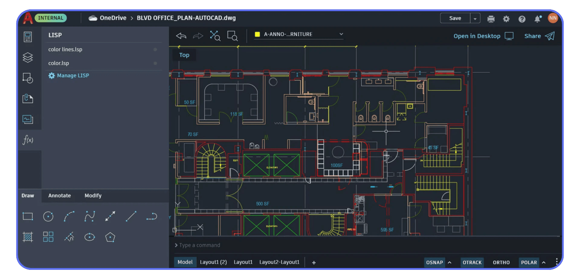 AutoCAD web interface displaying an architectural office floor plan with detailed room layouts, annotations, and LISP file management panel on the left.