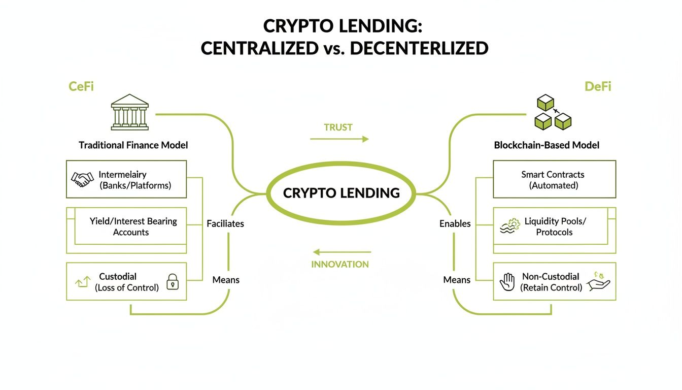 Diagram comparing centralized (CeFi) and decentralized (DeFi) crypto lending models, highlighting key differences.