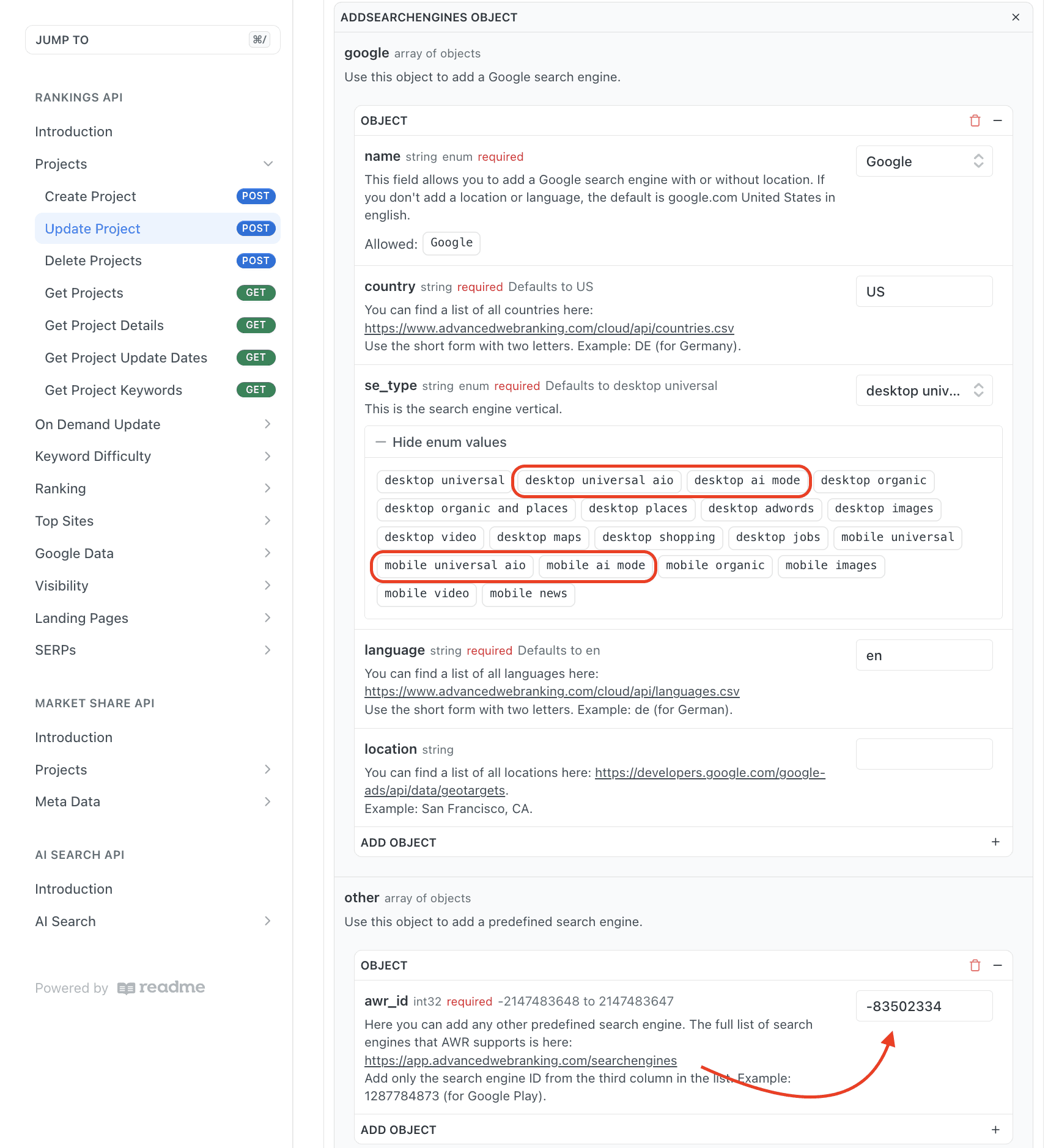Adding Search Engines via API - Advanced Web Ranking