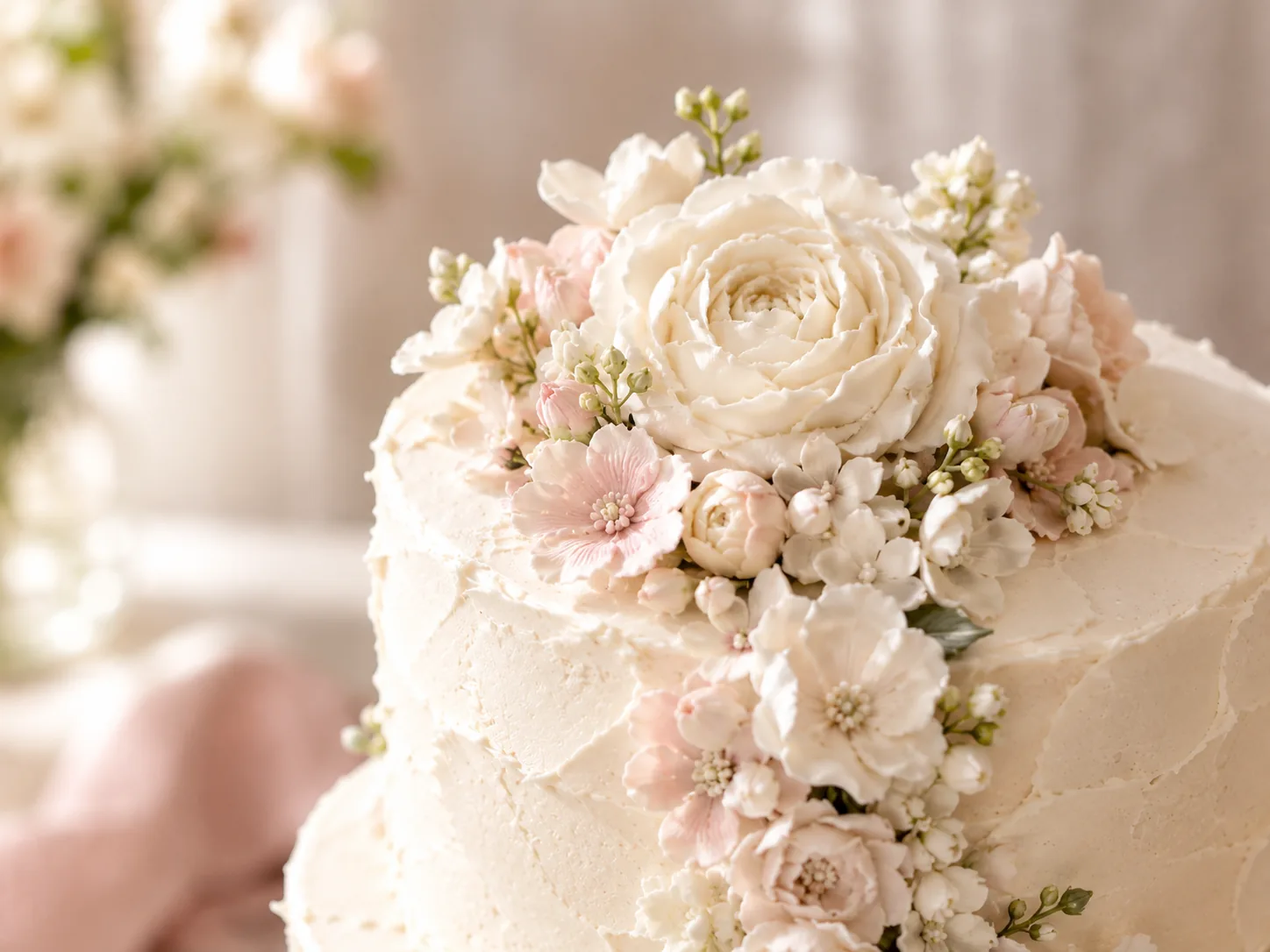 Sugar flowers on top of the Christening Cloud cake